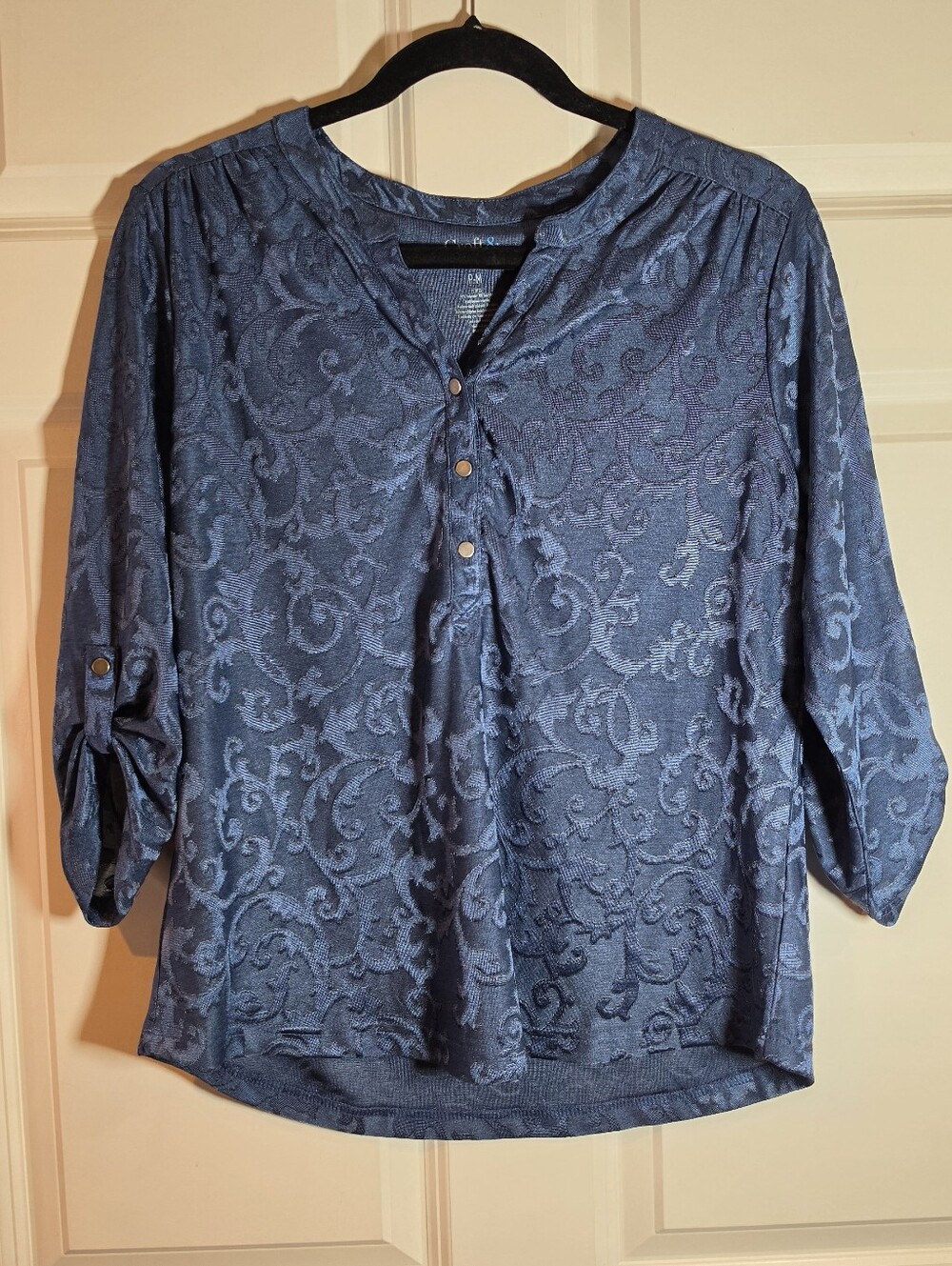 Croft & Barrow Womens Navy Blue Patterned 3/4 Sleeve Top Petite M